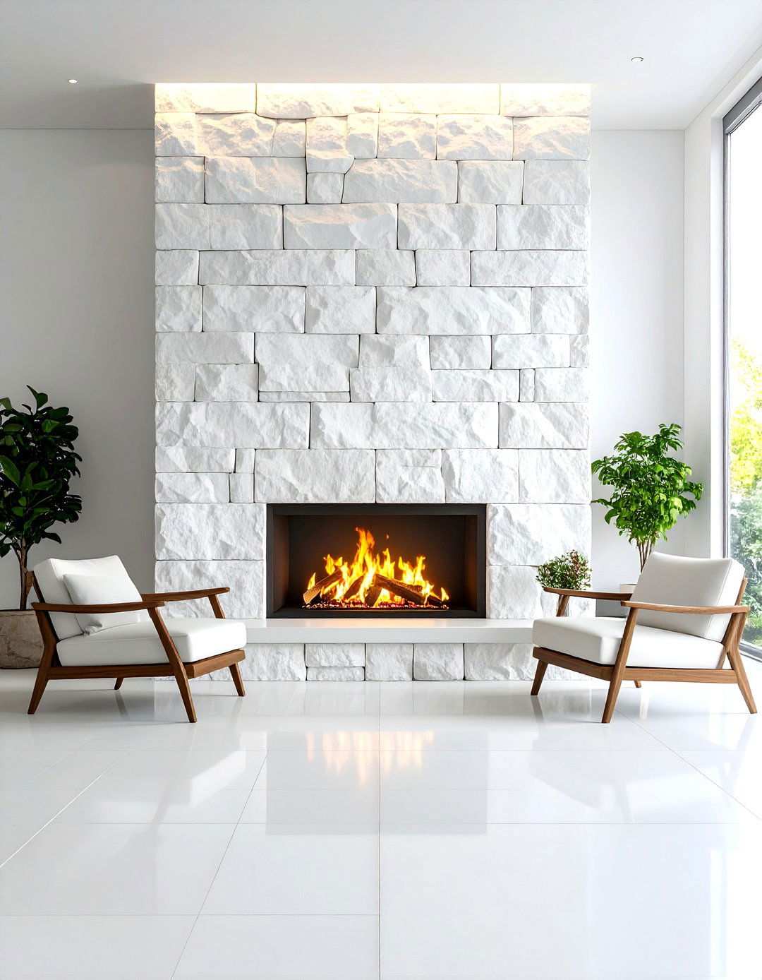 Floor to Ceiling White Limestone Wall - 24 White Stone Fireplace Ideas