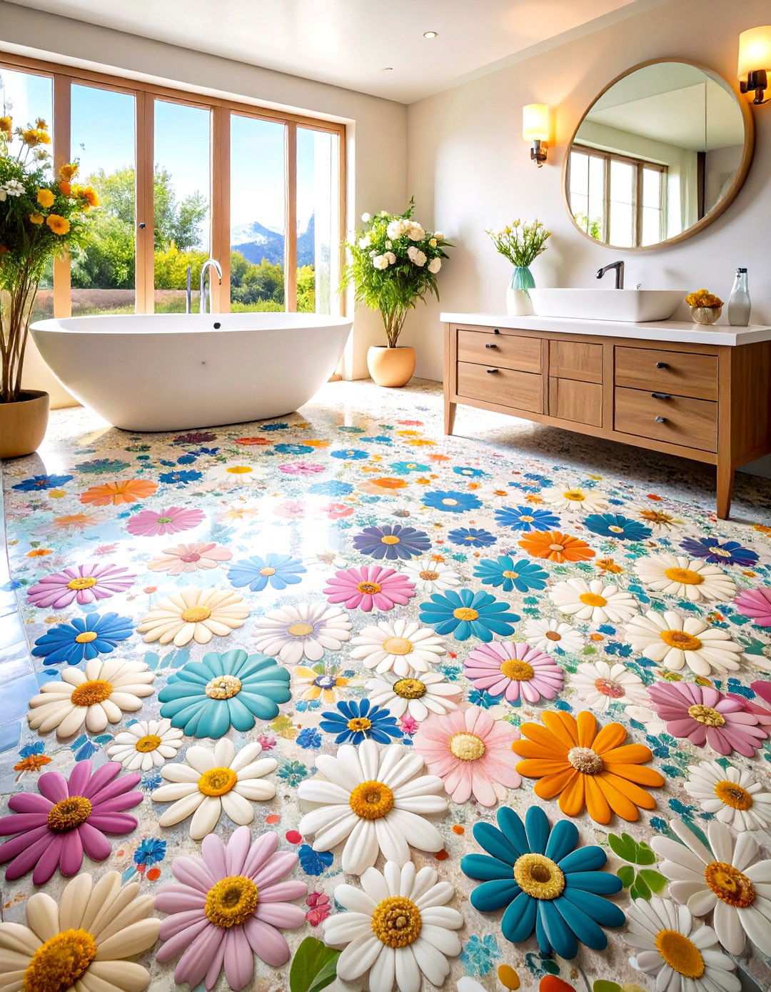 Flower Pattern Accent Design - 24 Penny Tile Bathroom Floor Ideas