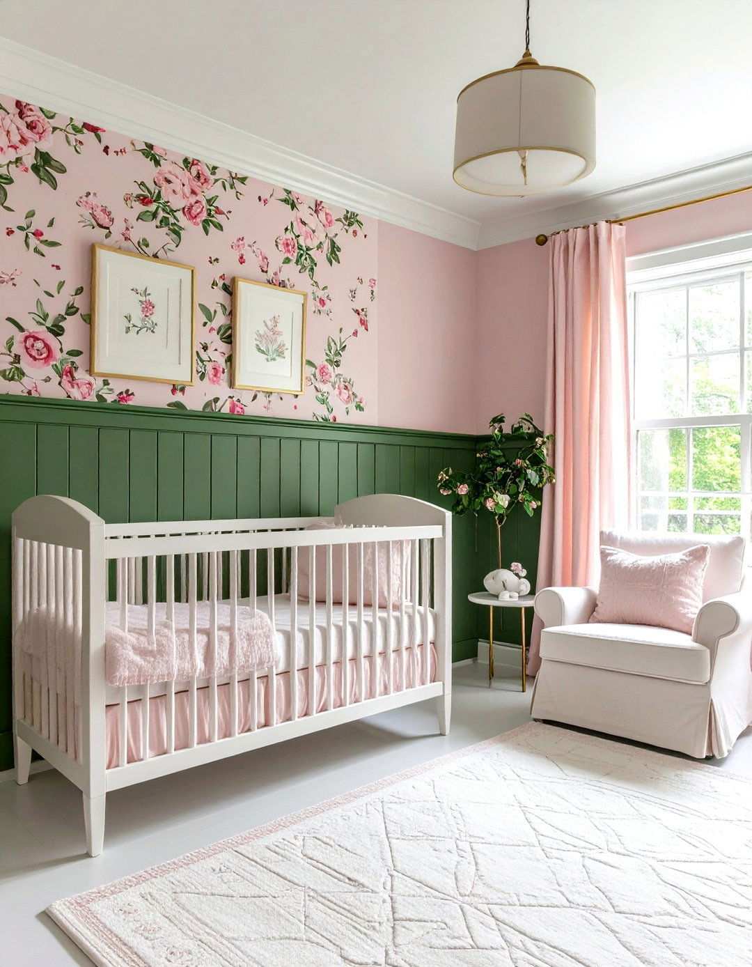 Forest Green Board and Batten with Pink Florals - 24 Pink and Green Nursery Ideas