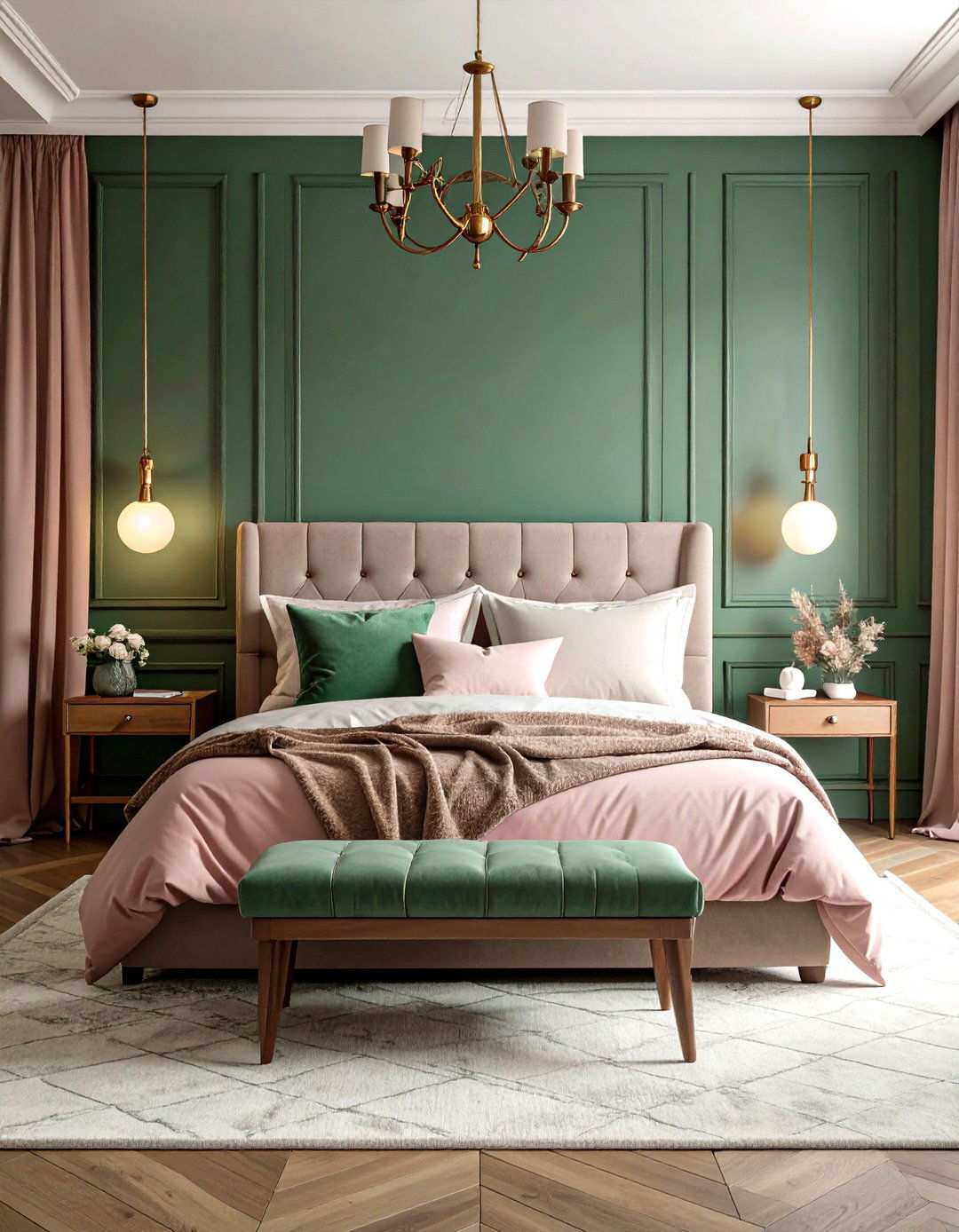 Forest Green Paneling with Dusty Pink Textiles - 24 Pink and Green Bedroom Ideas