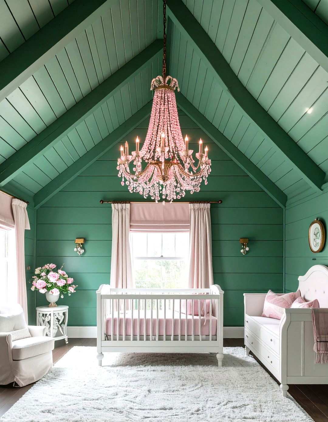 Forest Green Shiplap Ceiling with Pink Chandelier - 24 Pink and Green Nursery Ideas