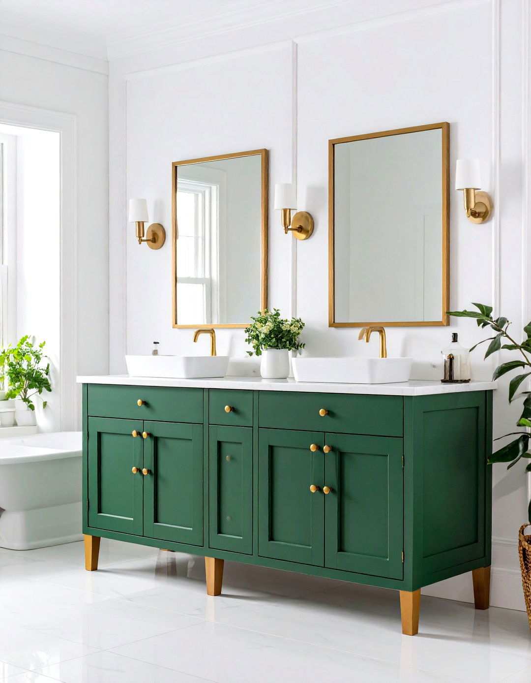 Forest Green Vanity Doors with Golden Yellow Drawer Pulls - 24 Yellow and Green Bathroom Ideas