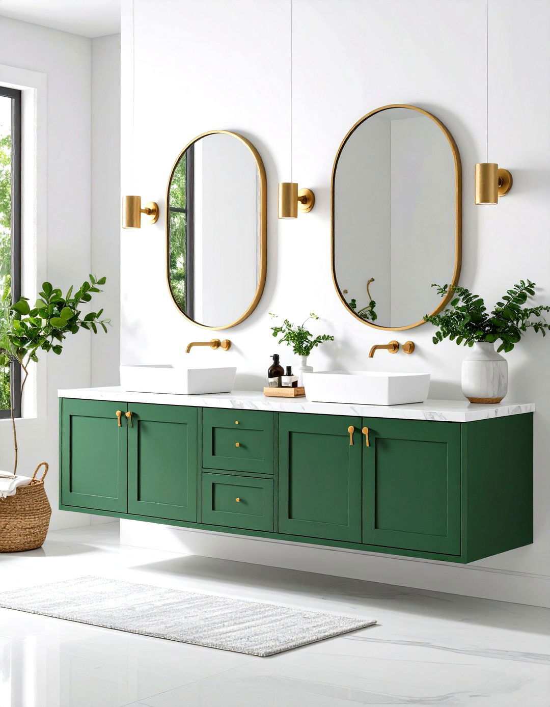 Forest Green Vanity with Marble Countertop - 24 Small Green Bathroom Ideas