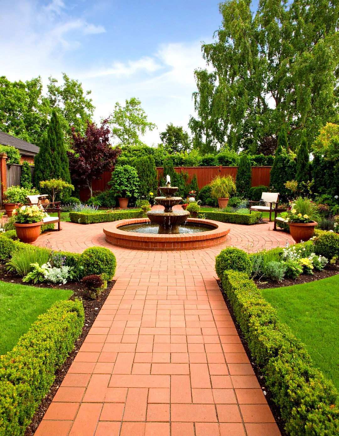Formal Red Brick Parterre Garden Design - 24 Red Paver Patio Ideas