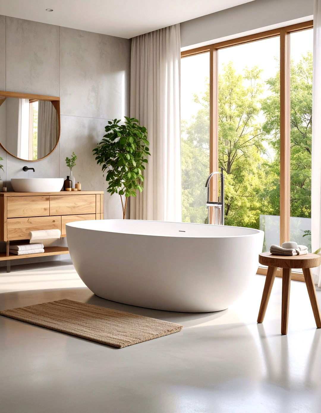 Freestanding Oval Bathtub with Concrete Floors - 24 Scandinavian Bathroom Ideas