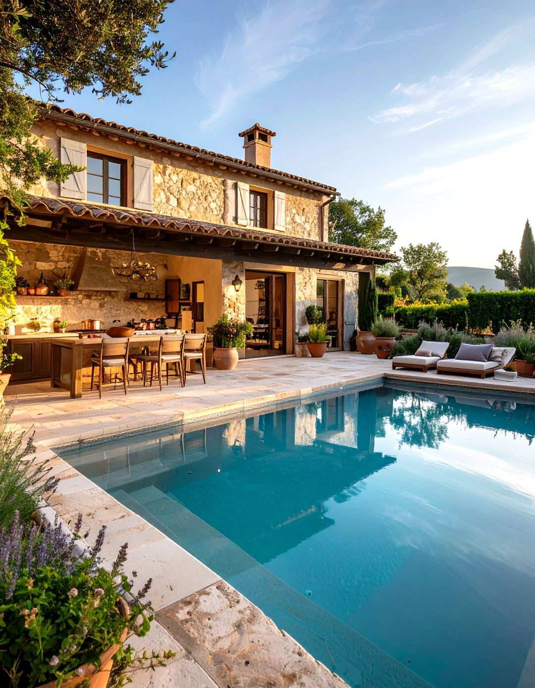 French Country Pool House with Provence Style Kitchen - 24 Pool House With Outdoor Kitchen Ideas