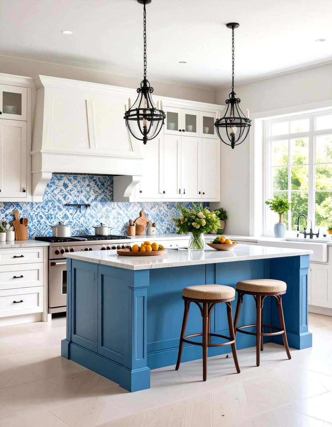 French Country Provence Blue Island - 24 White Kitchen Cabinets With Blue Island