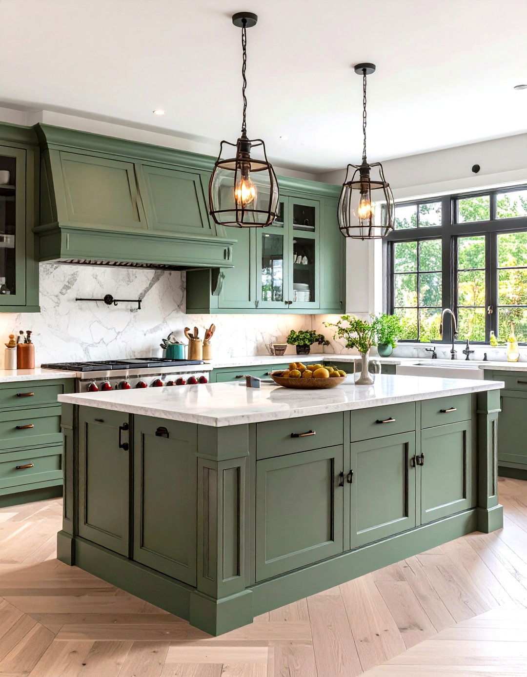 French Country Sage Green Island with Limestone and Wrought Iron - 24 Sage Green Kitchen Island Ideas
