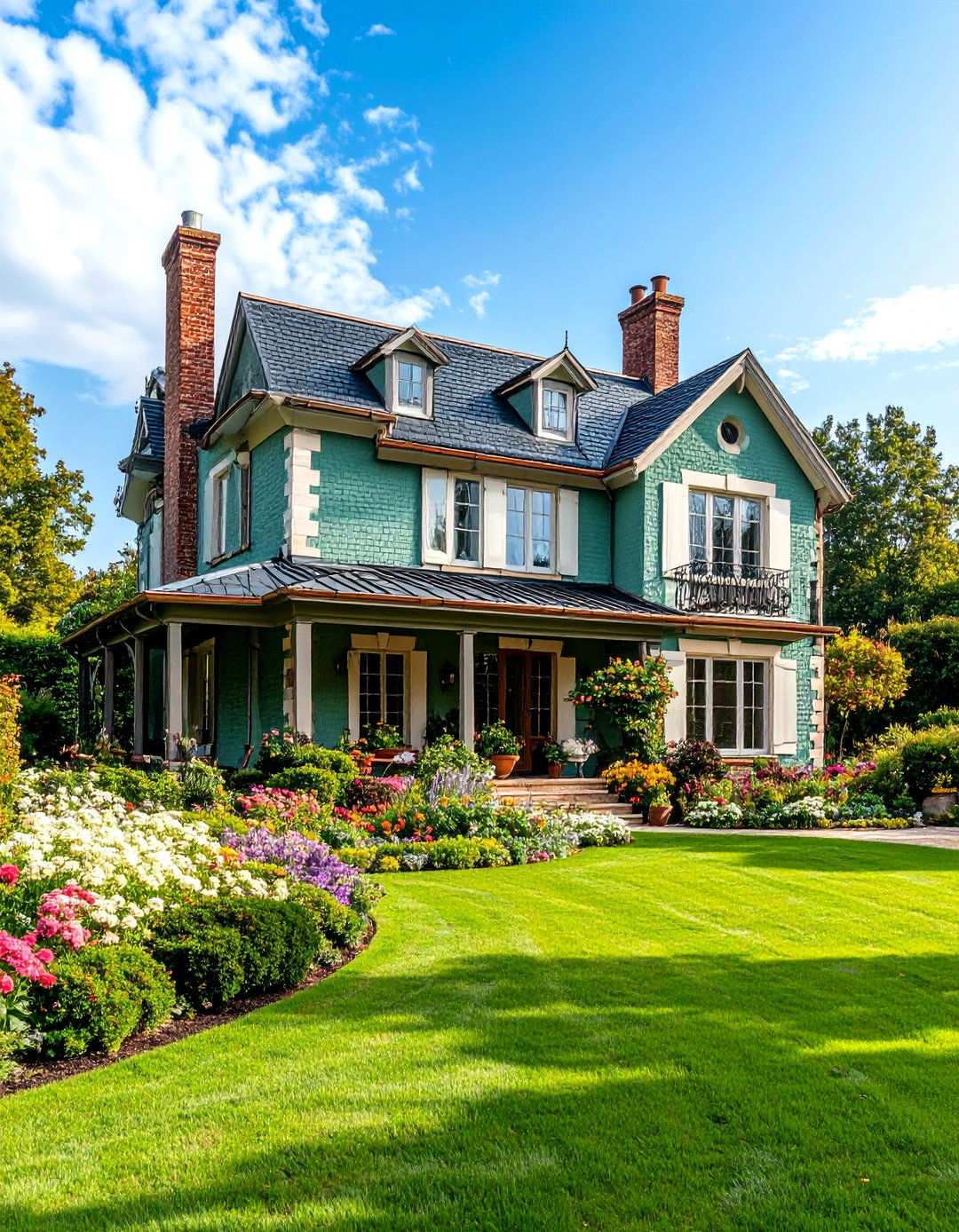 French Country Sage Green Manor - 24 Sage Green Painted Brick House Ideas