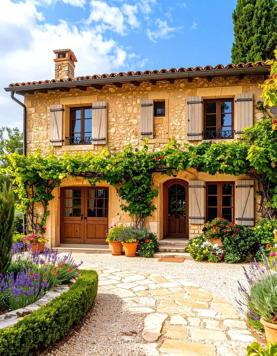 French Country Tan Stone Black Details - 24 Tan House With Black Trim Design Ideas