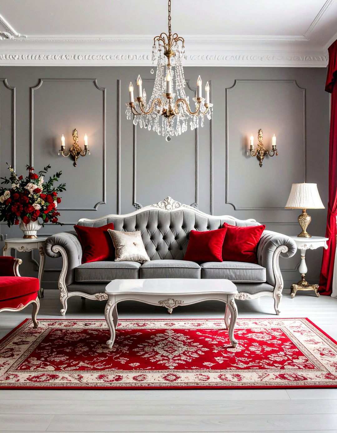 French Provincial Red Toile and Dove Grey Romance - 24 Red and Grey Living Room Ideas