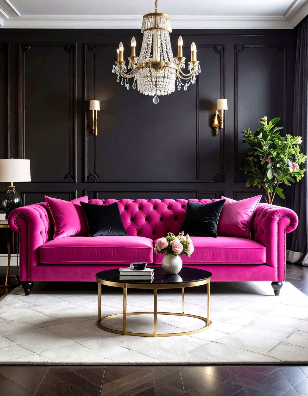 Fuchsia Pink Velvet Sofa with Black and White Drama - 24 Pink Couch Living Room Ideas