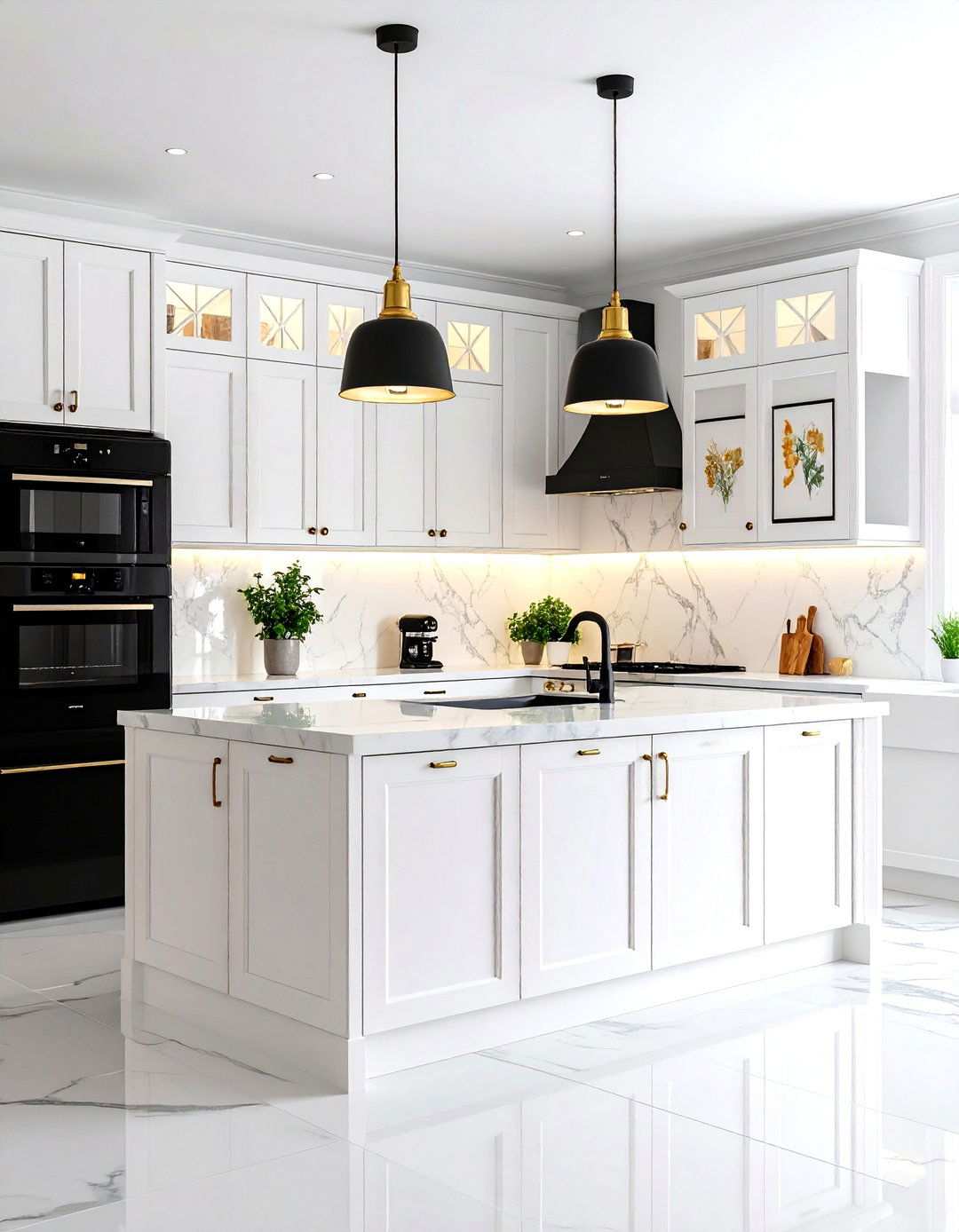 Gallery Wall Backsplash Design - 24 White Kitchen with Black Appliances Ideas