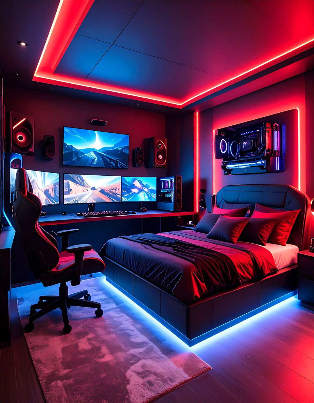 Gaming Entertainment Bedroom Setup - 24 Red and Black Bedroom Ideas