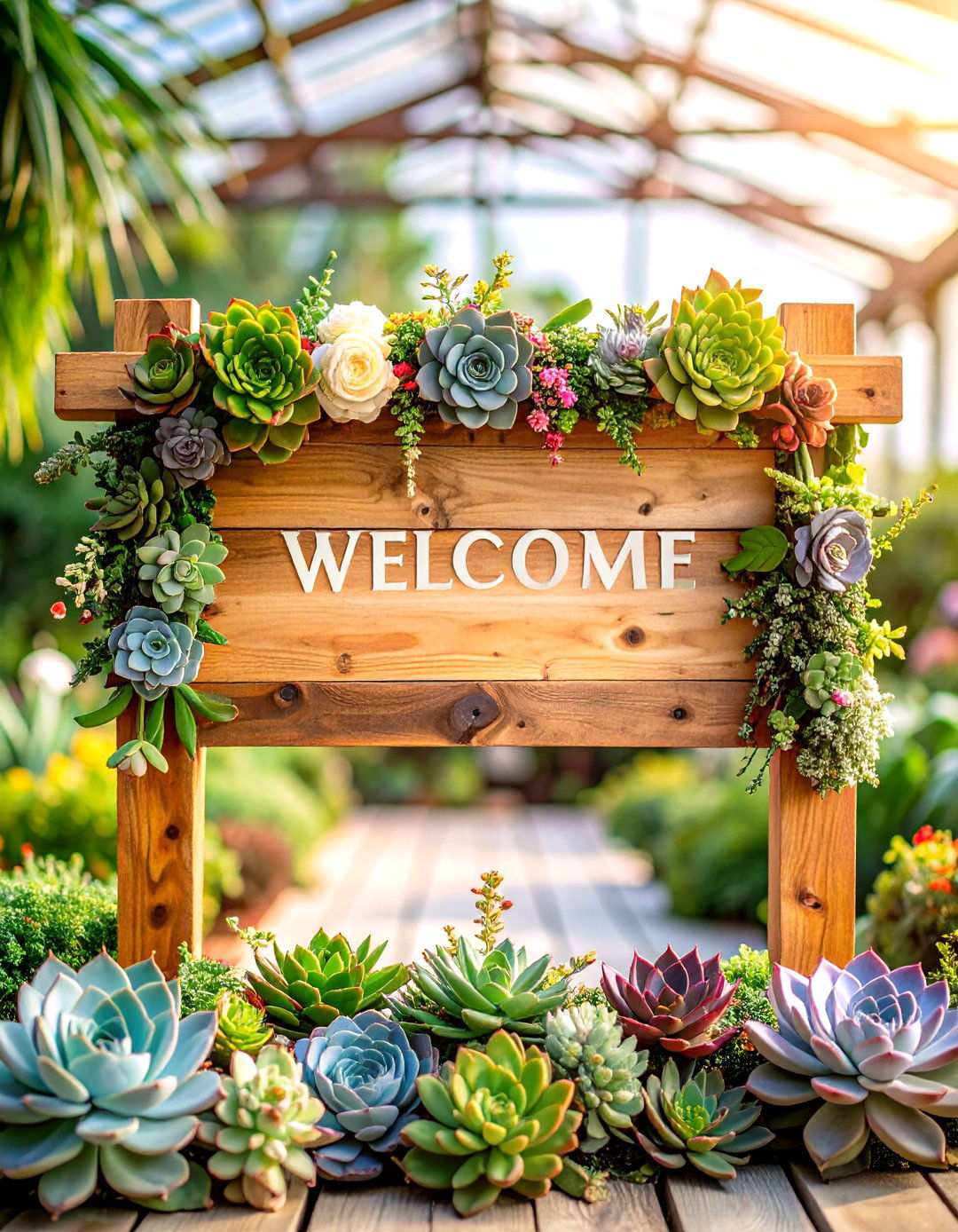 Garden Style Wedding Welcome Sign with Living Succulent Border - 24 Wedding Welcome Sign Ideas