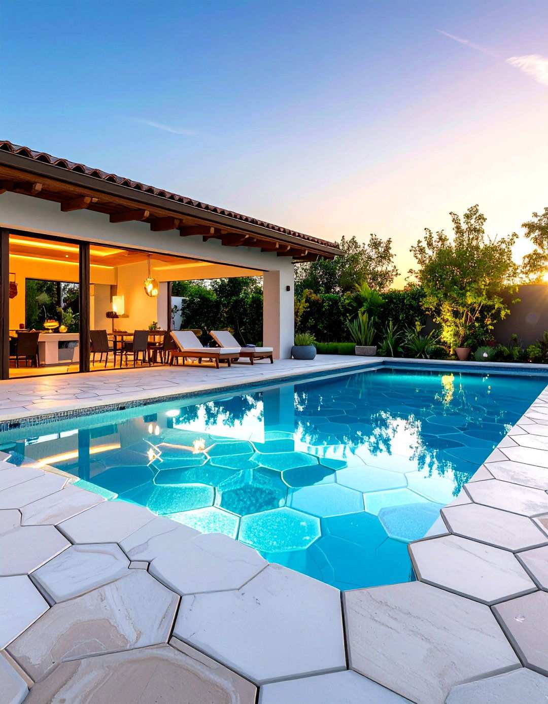 Geometric Hexagonal Porcelain Pool Design - 24 Pavers Around Pool Ideas