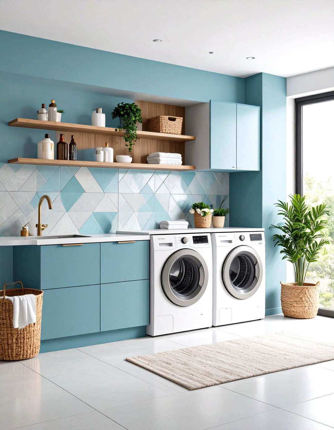Geometric Pattern Concrete Tile Backsplash - 24 Laundry Room Backsplash Ideas