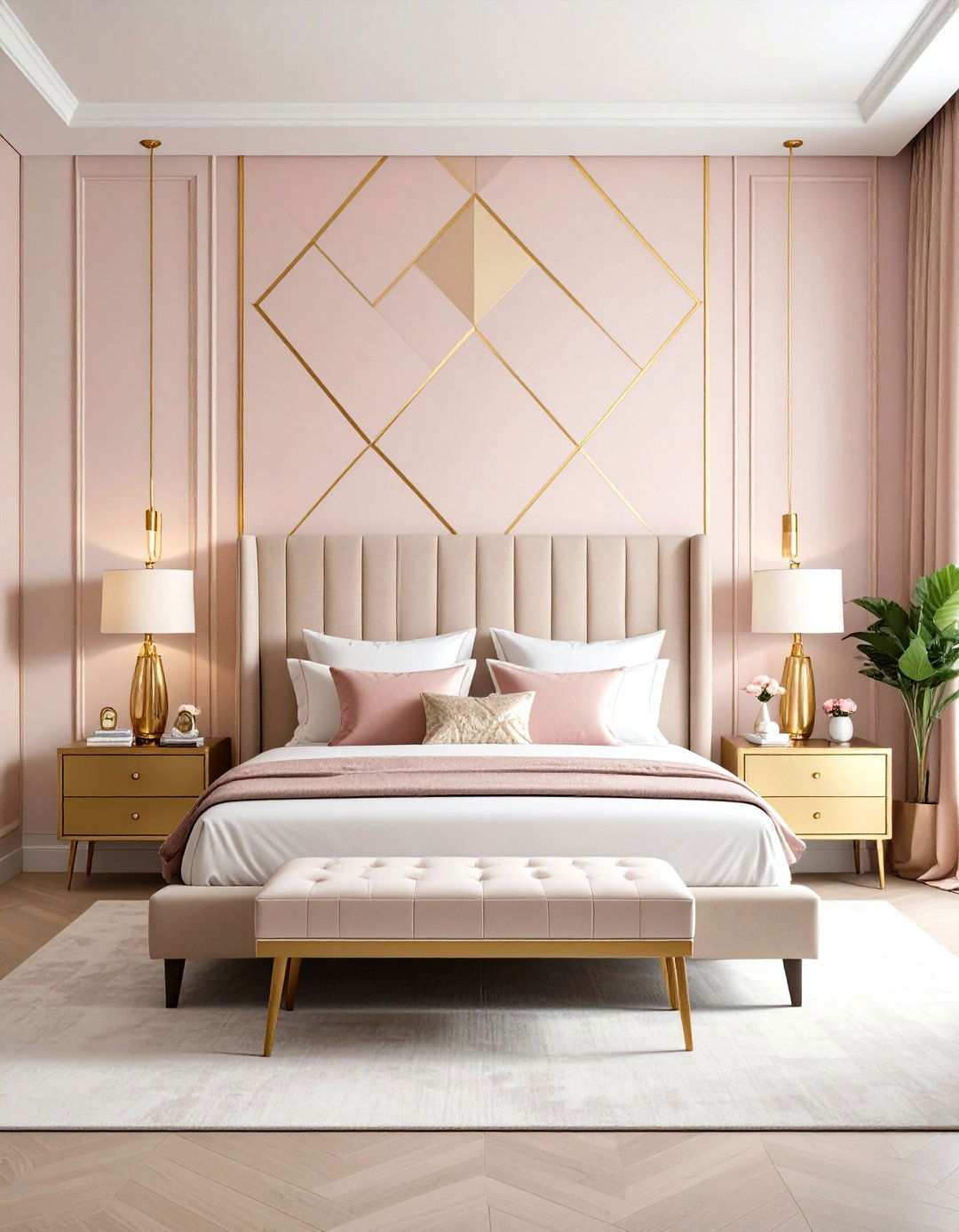 Geometric Pink and Gold Wallpaper Accent - 24 Pink and Gold Bedroom Ideas