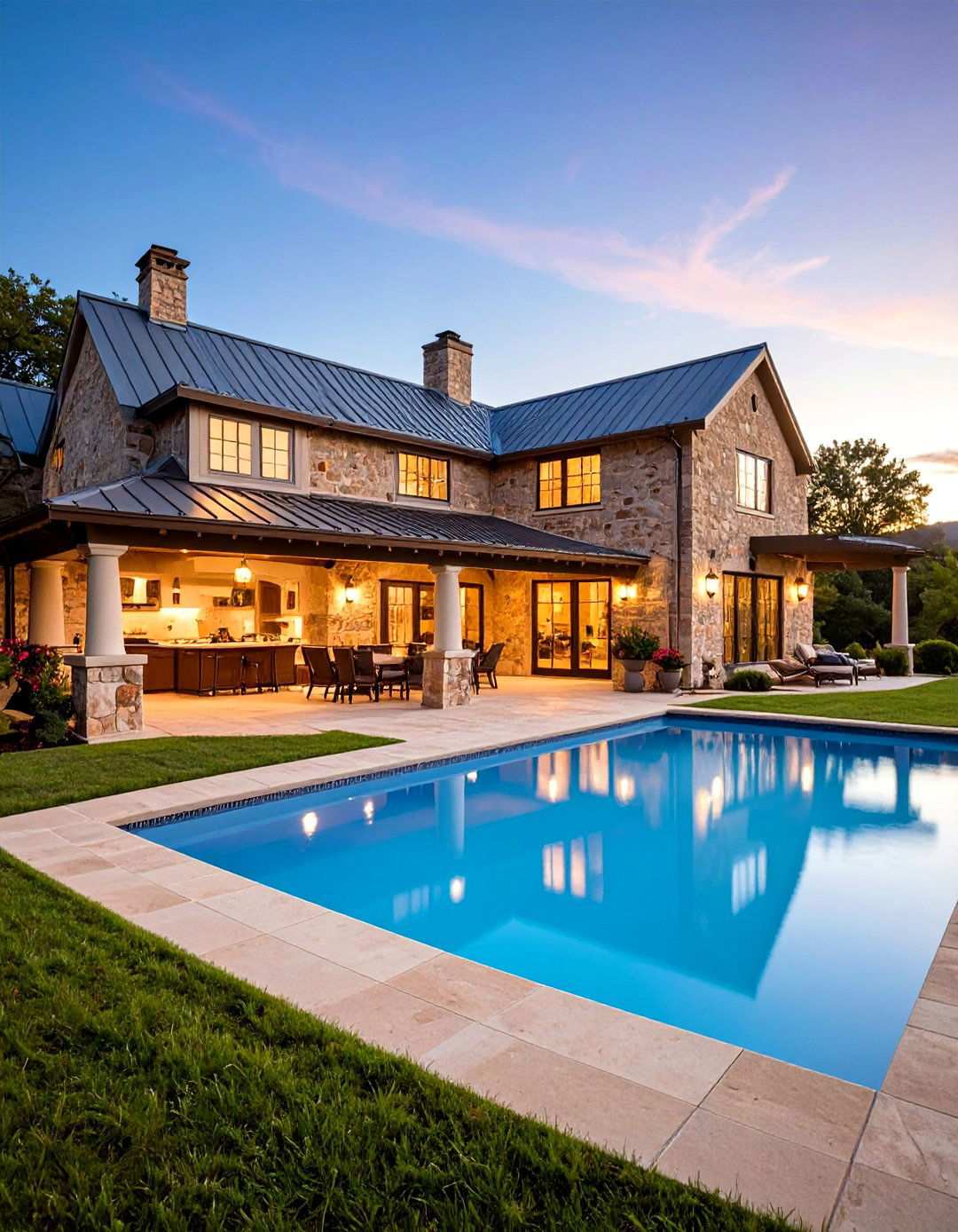 Georgian Manor Pool House with Formal Kitchen - 24 Pool House With Outdoor Kitchen Ideas
