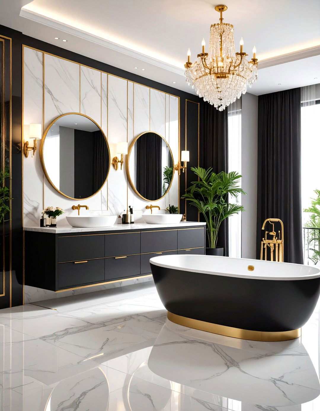 Glamorous Hollywood Regency Windowless Bathroom with Metallic Finishes - 24 Windowless Bathroom Ideas