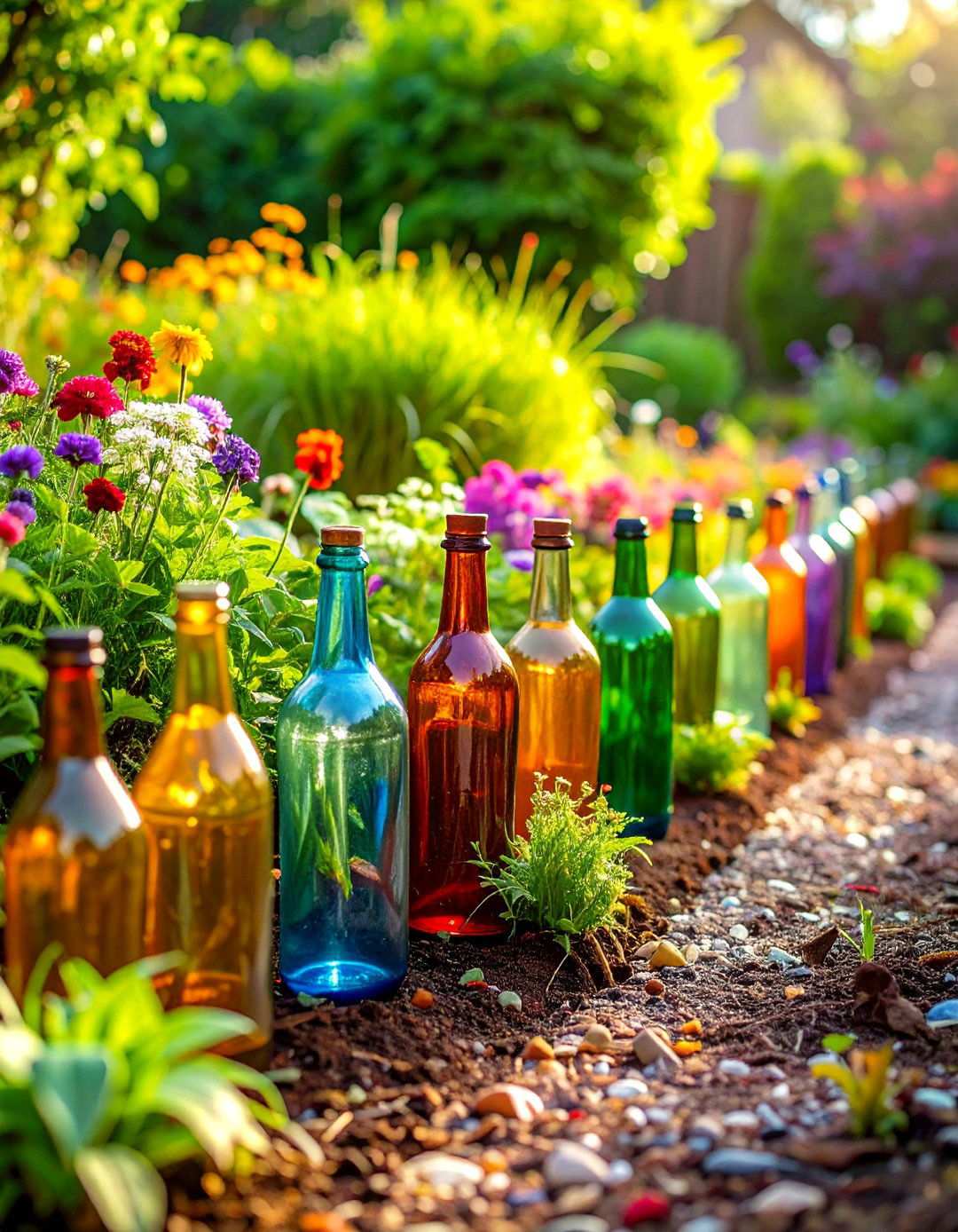 Glass Bottle Mulch Edging with Creative Recycling - 24 Mulch Edging Ideas