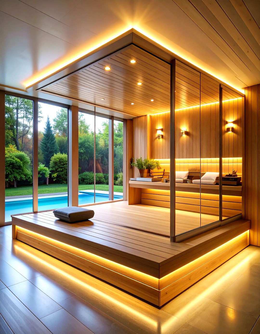 Glass Enclosed Modern Sauna with LED Lighting - 24 Sauna Room Design Ideas