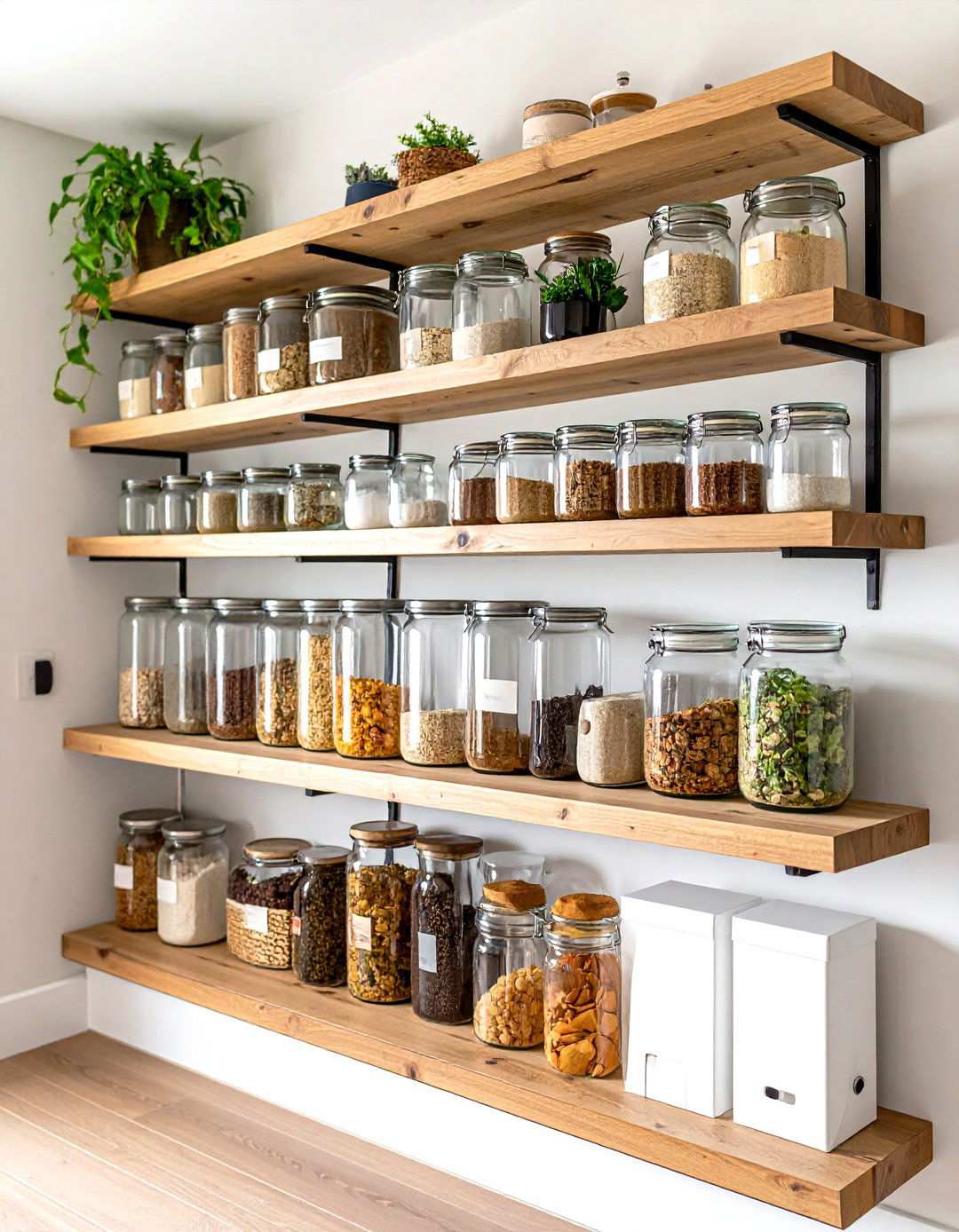 Glass Jar Organization System with Natural Wood Shelves - 24 Open Pantry Ideas