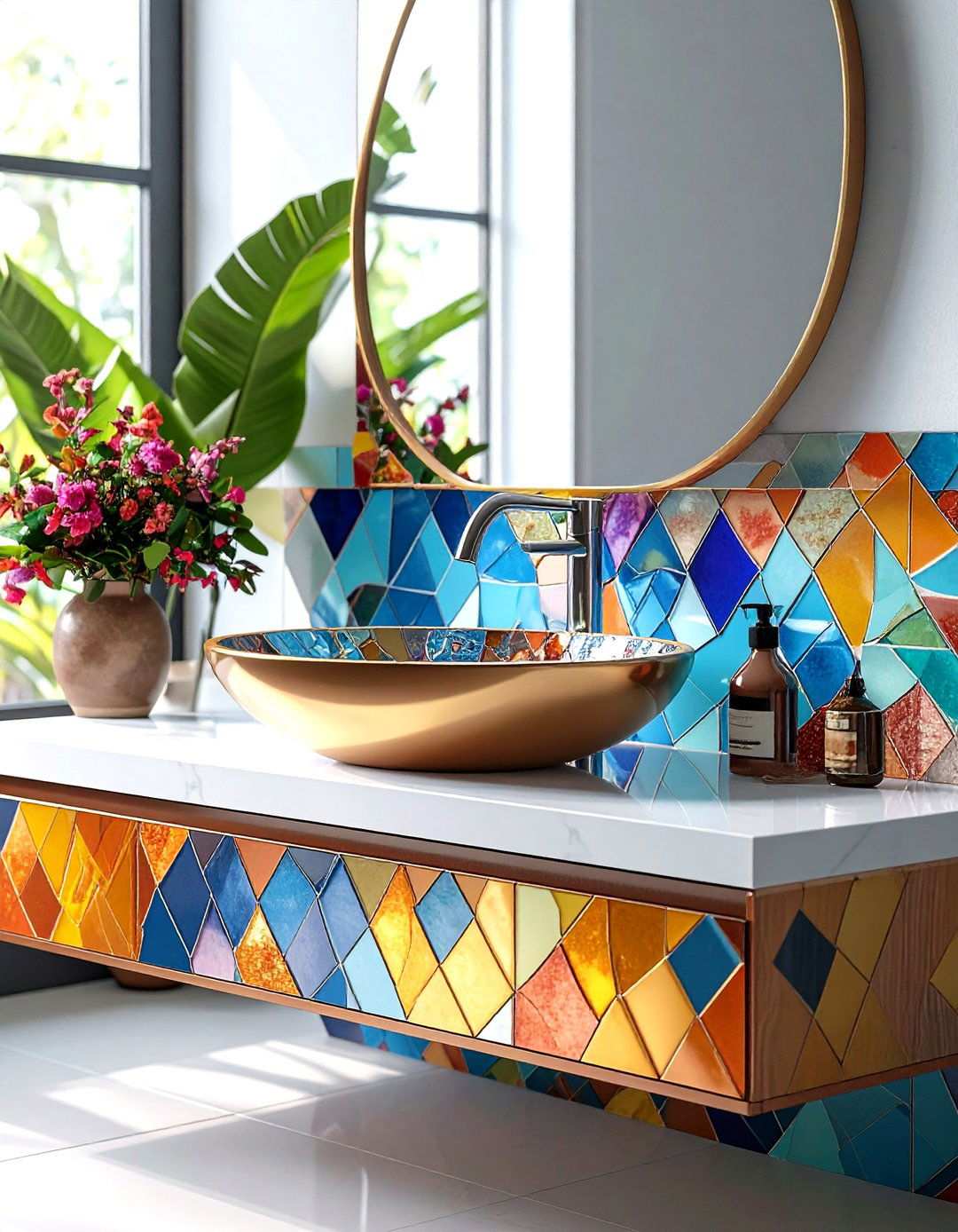Glass Mosaic Integrated Sink with Modern Vanity - 24 Small Bathroom Sink Ideas