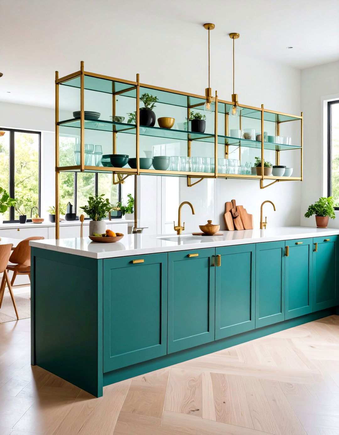 Glass Shelving with Brass Brackets - 24 Open Shelving Kitchen Ideas