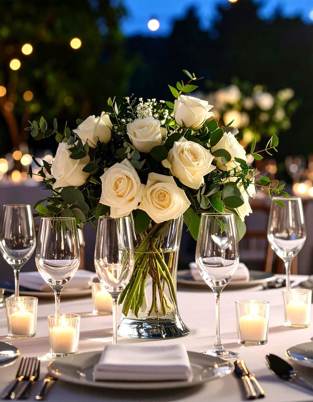 Glass Trumpet Vases with Cascading Roses - 24 Tall Wedding Centerpiece Ideas