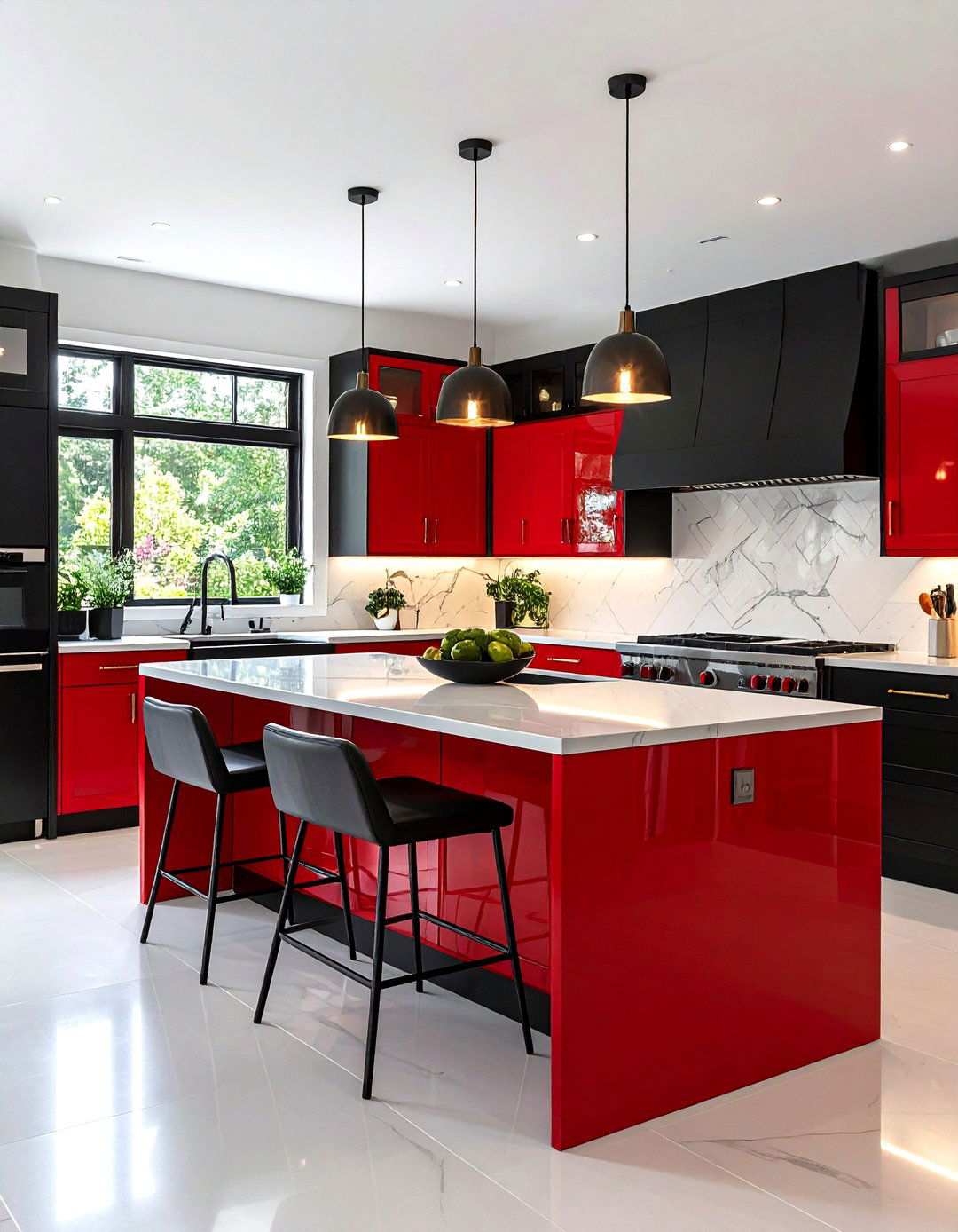 Glossy Red Island With Matte Black Perimeter - 24 red and black kitchen ideas