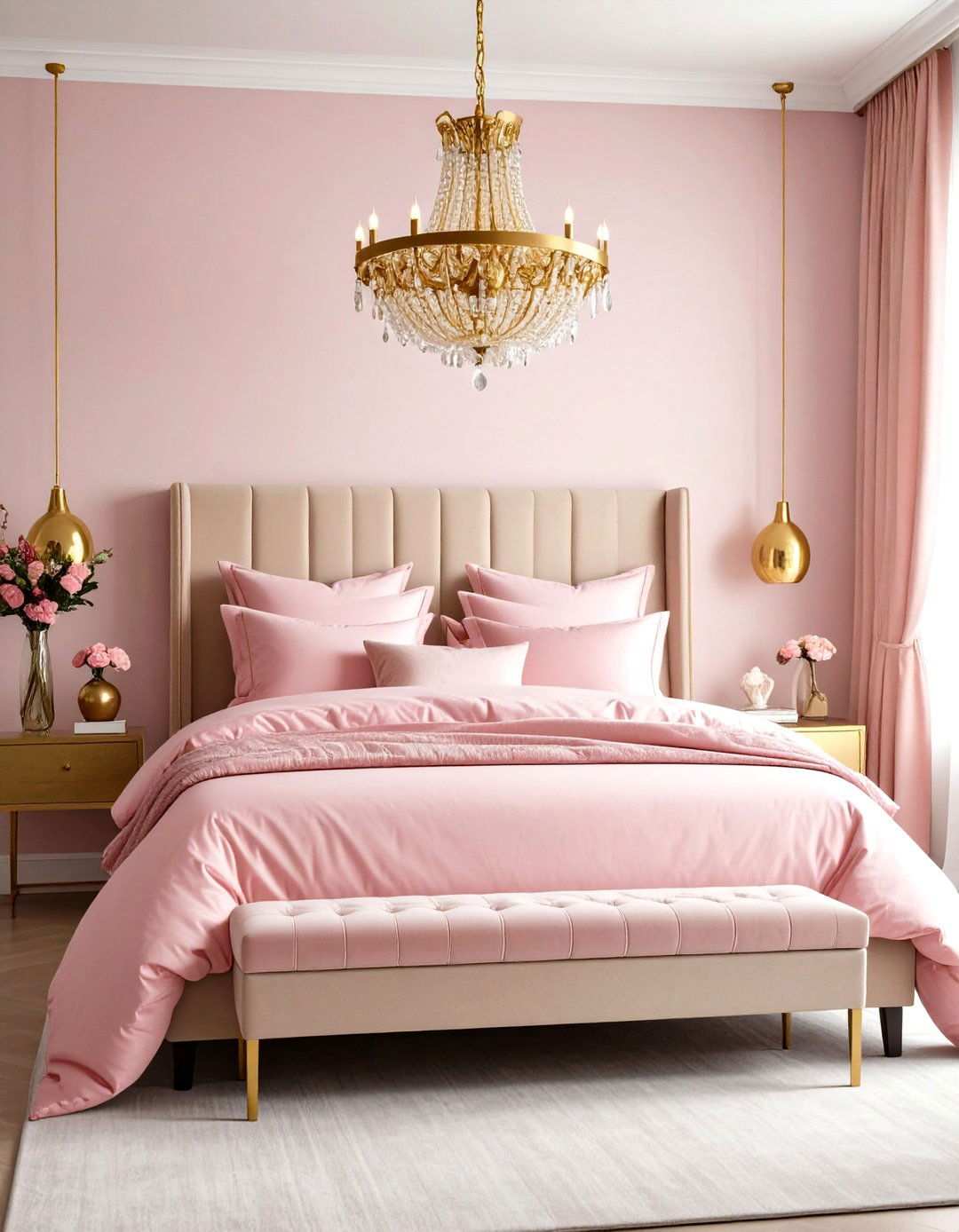 Gold Chandelier with Pink Bedding Layers - 24 Pink and Gold Bedroom Ideas