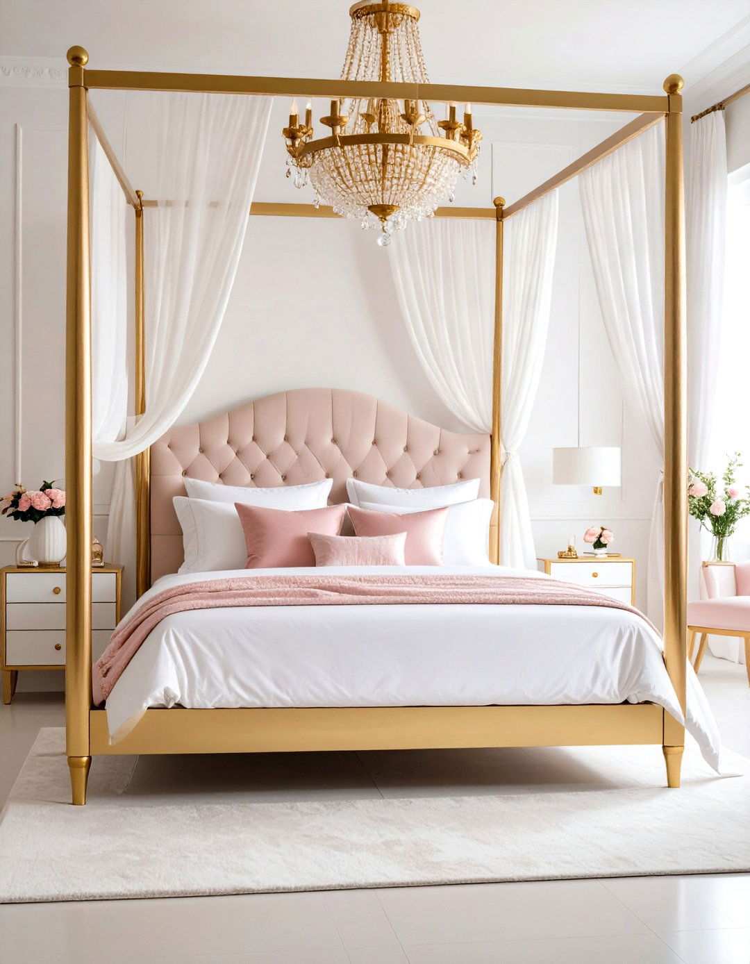 Gold Four Poster Bed with Pink Accessories - 24 Pink and Gold Bedroom Ideas