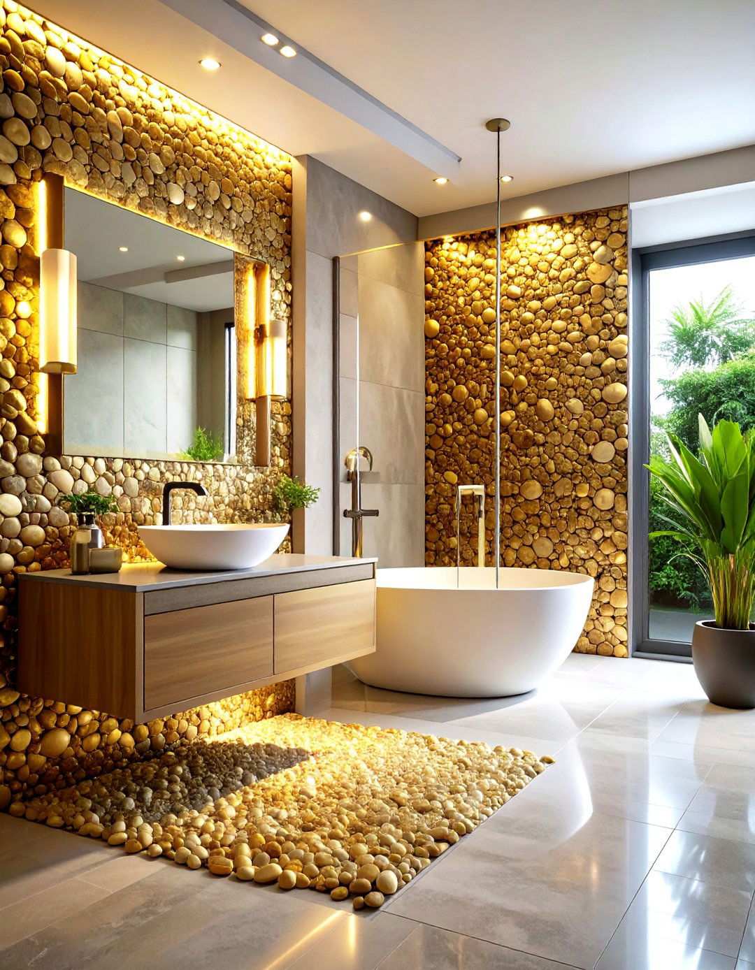 Gold Metallic Pebble Feature Wall - 24 Pebble Tile Bathroom Ideas