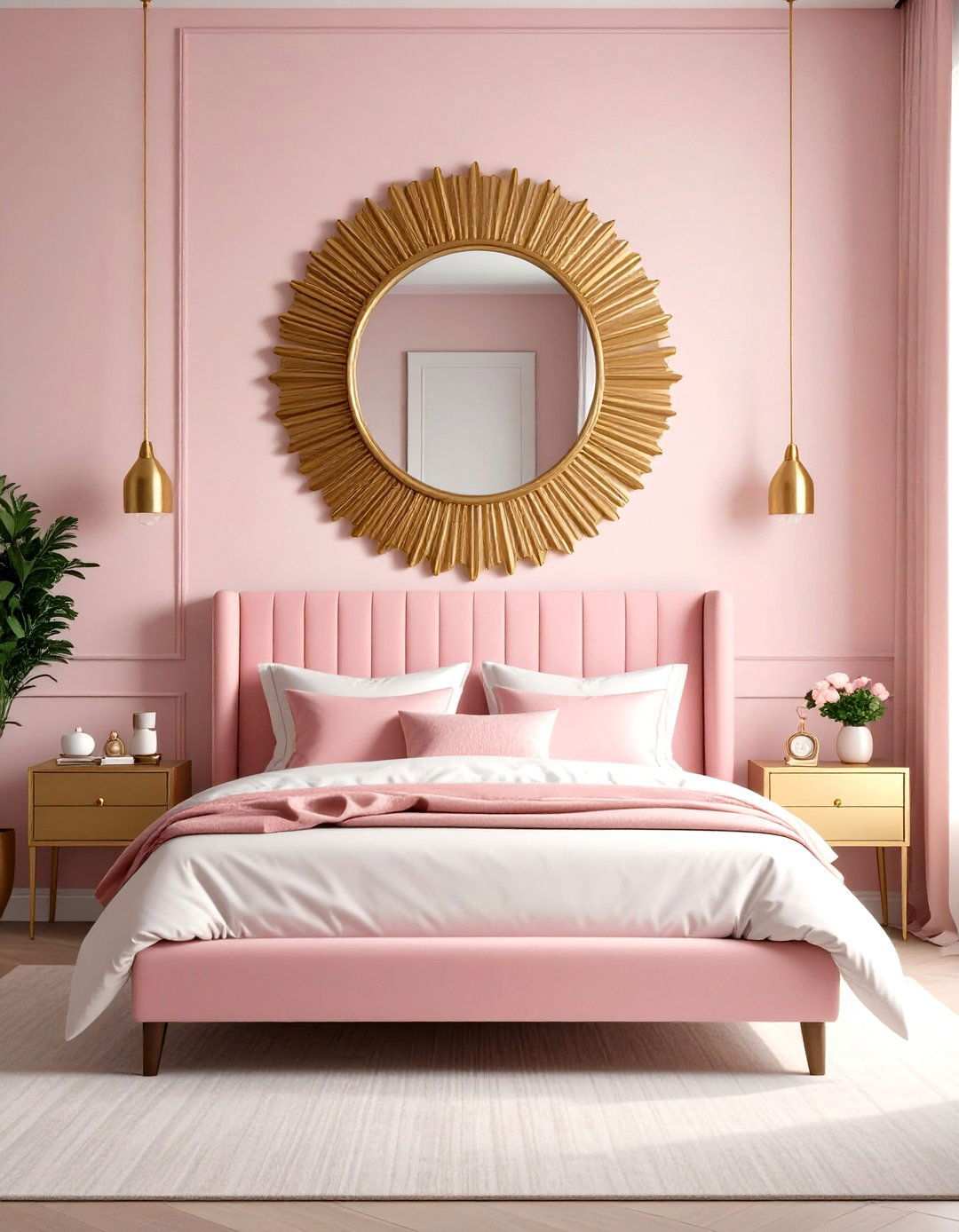Gold Sunburst Mirror Above Pink Headboard - 24 Pink and Gold Bedroom Ideas