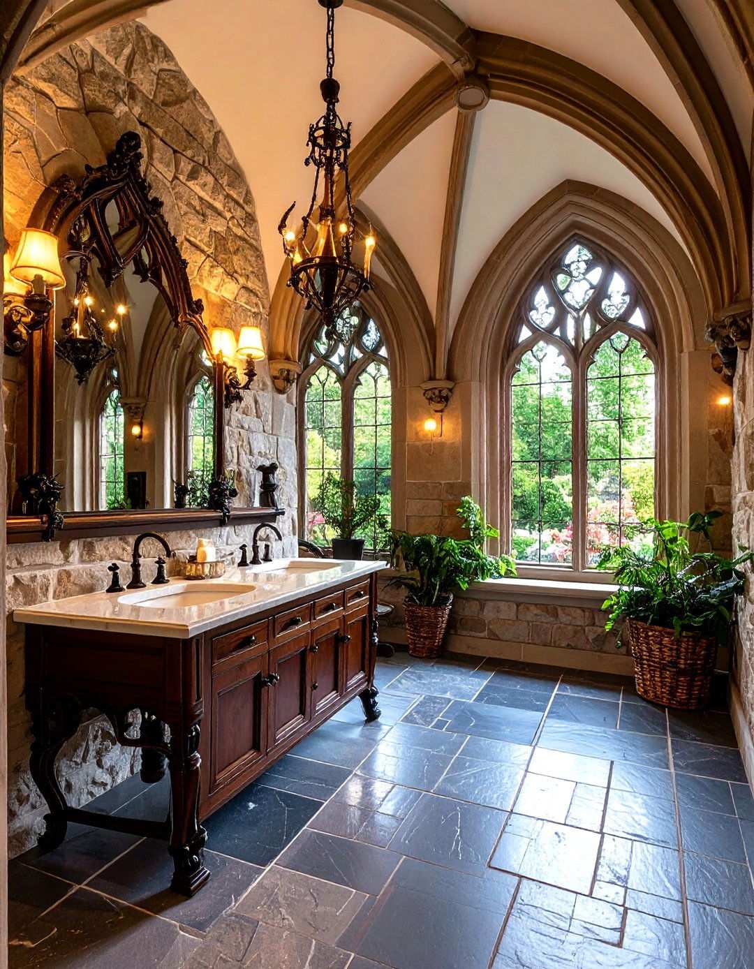 Gothic Revival Powder Room with Dark Architectural Details - 24 Powder Room Ideas