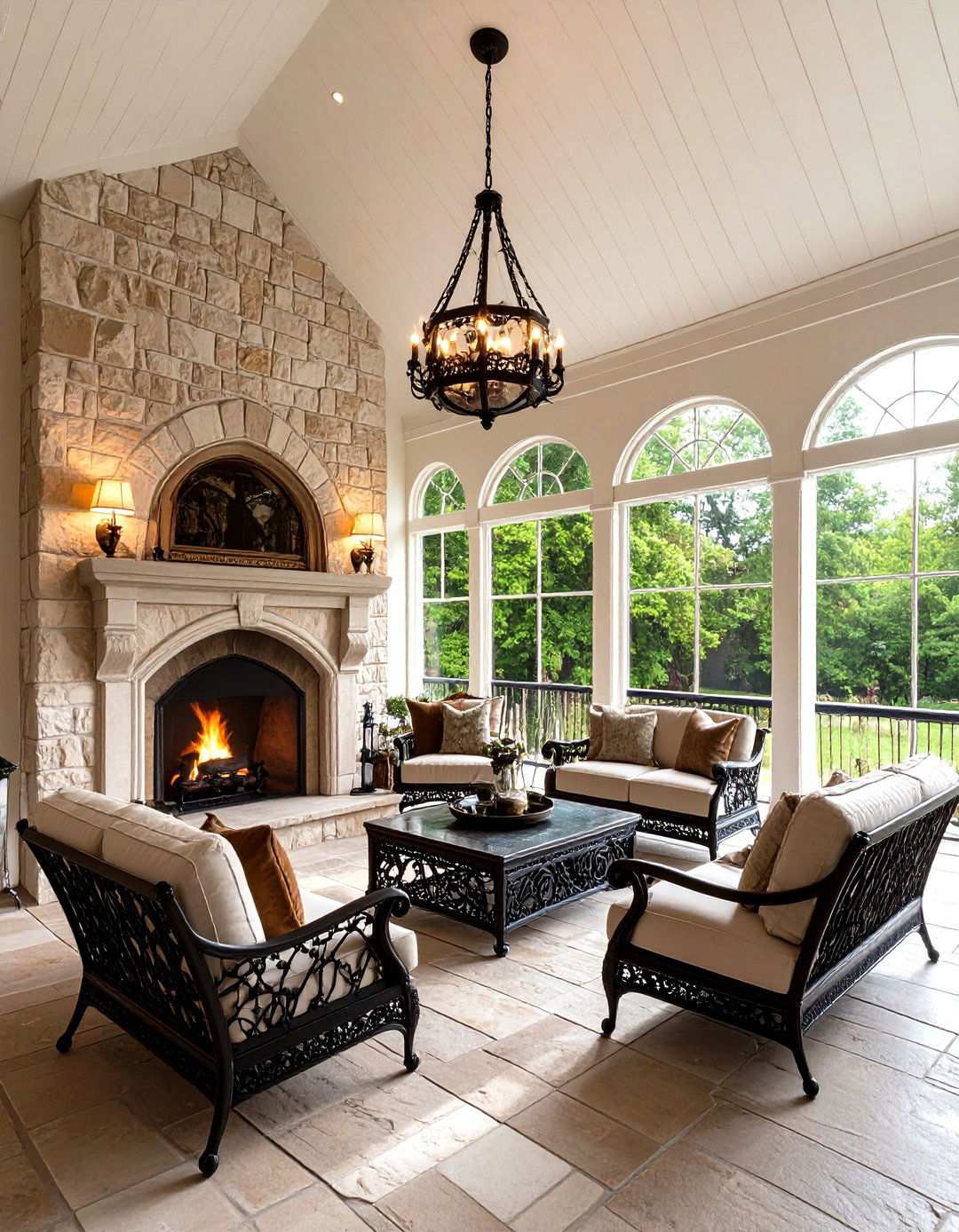 Gothic Revival Stone Fireplace Cathedral - 24 Screened-in Porch With Fireplace Ideas
