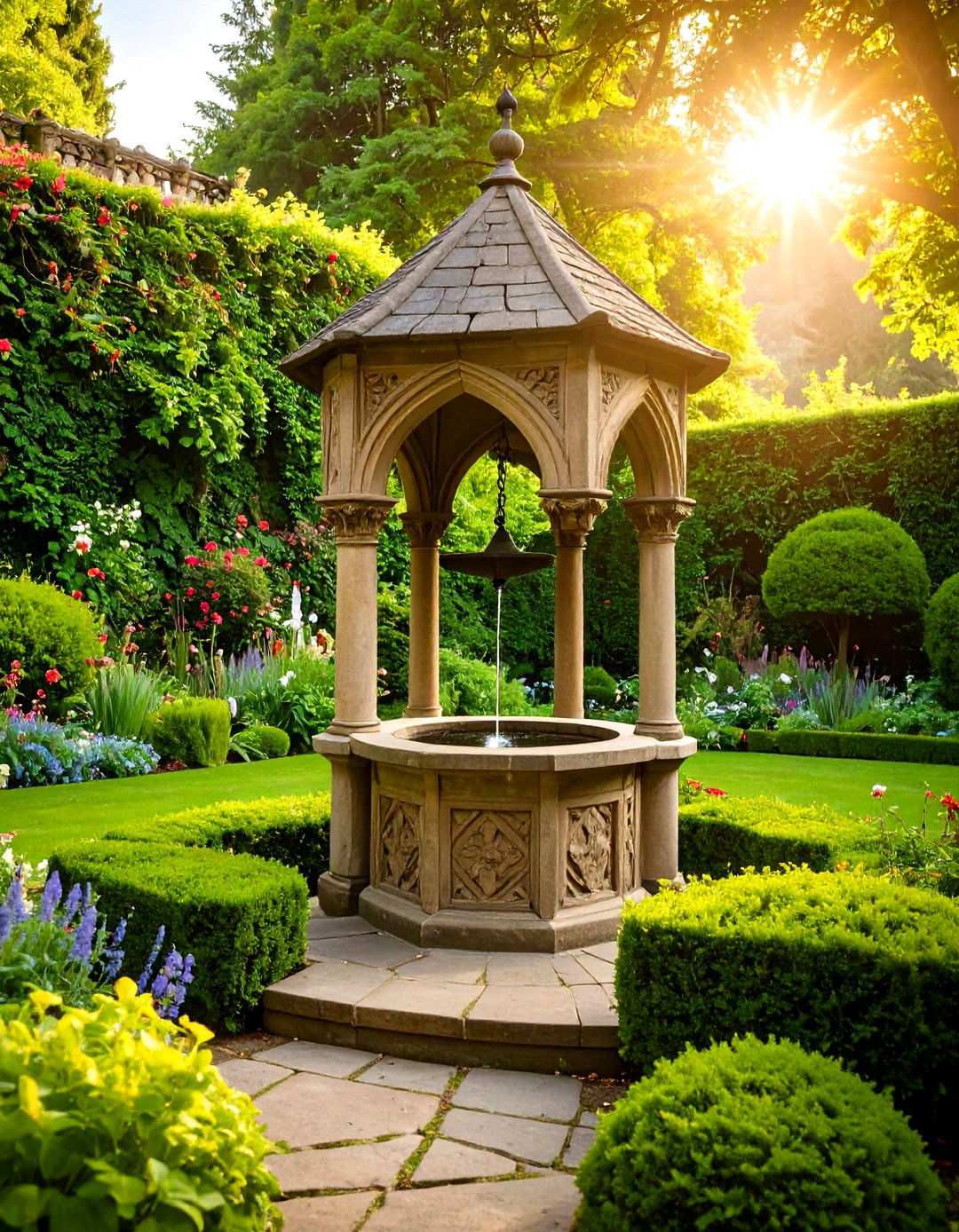 Gothic Revival Wishing Well with Pointed Arch Details - 24 Outdoor Wishing Well Garden Ideas
