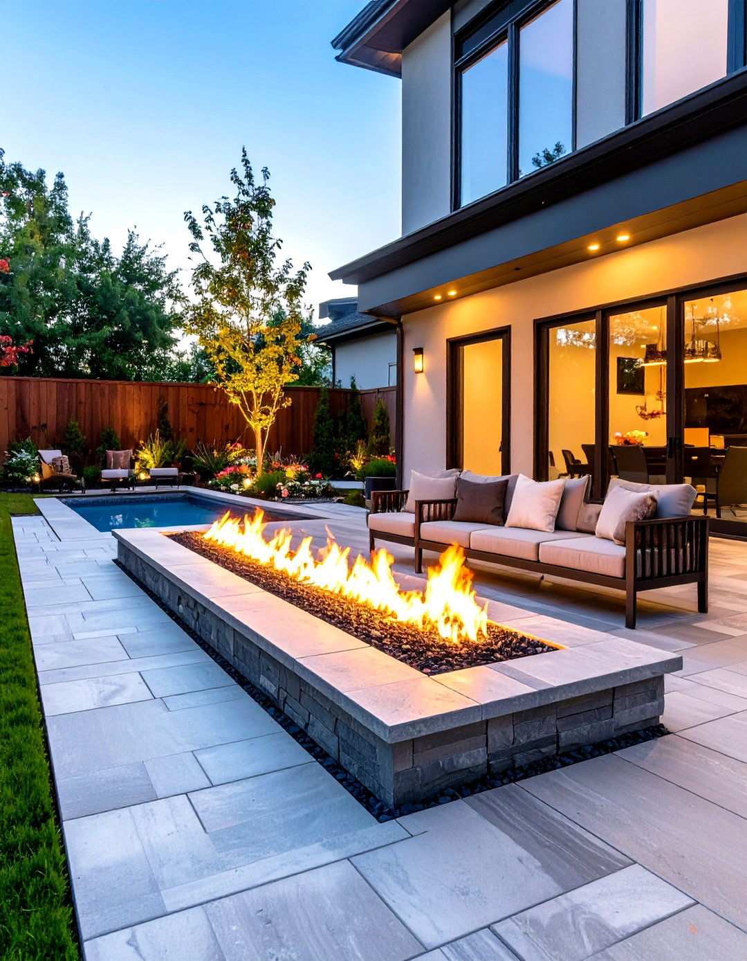 Granite Pavers with Linear Fire Channel - 24 Stone Patio With a Fire Pit Ideas