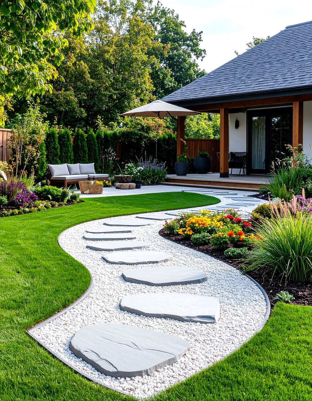 Gravel Semi Circle Patio with Stepping Stone Path - 24 Semi Circle Patio Ideas and Inspiration