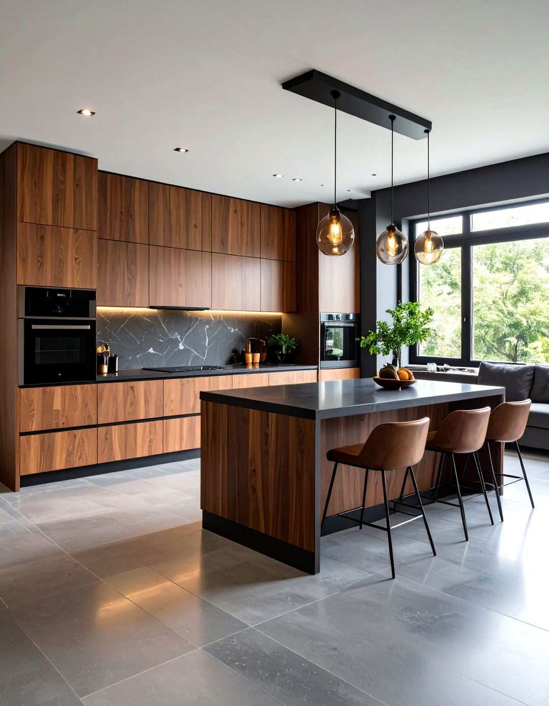 Gray Stone Tile Backsplash Integration - 24 kitchen with brown cabinets and black countertops ideas