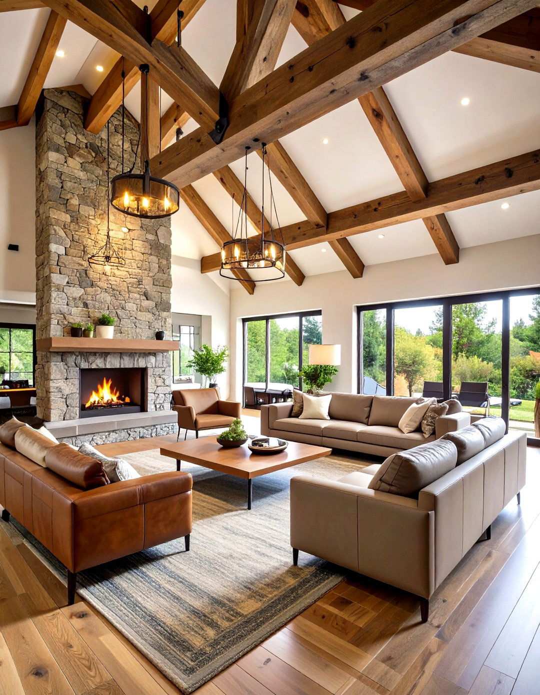 Great Room with Cathedral Ceilings and Stone Columns - 24 Rustic Barndominium Interior Design Ideas