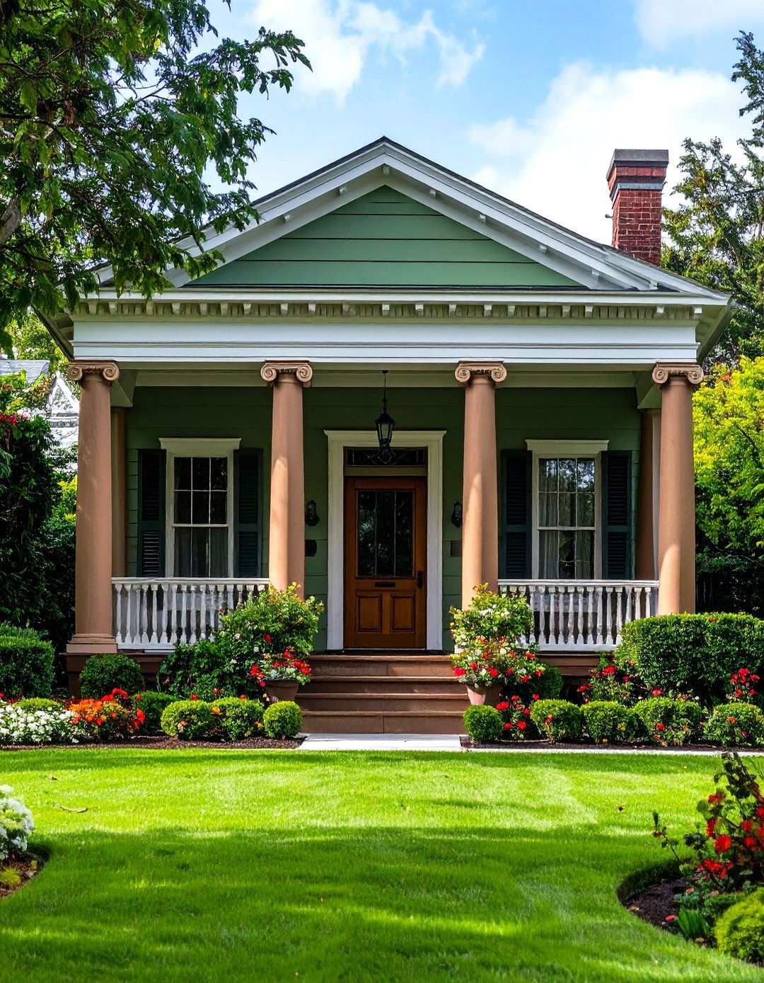 Greek Revival Temple Front - 24 Sage Green House With Brown Trim Ideas