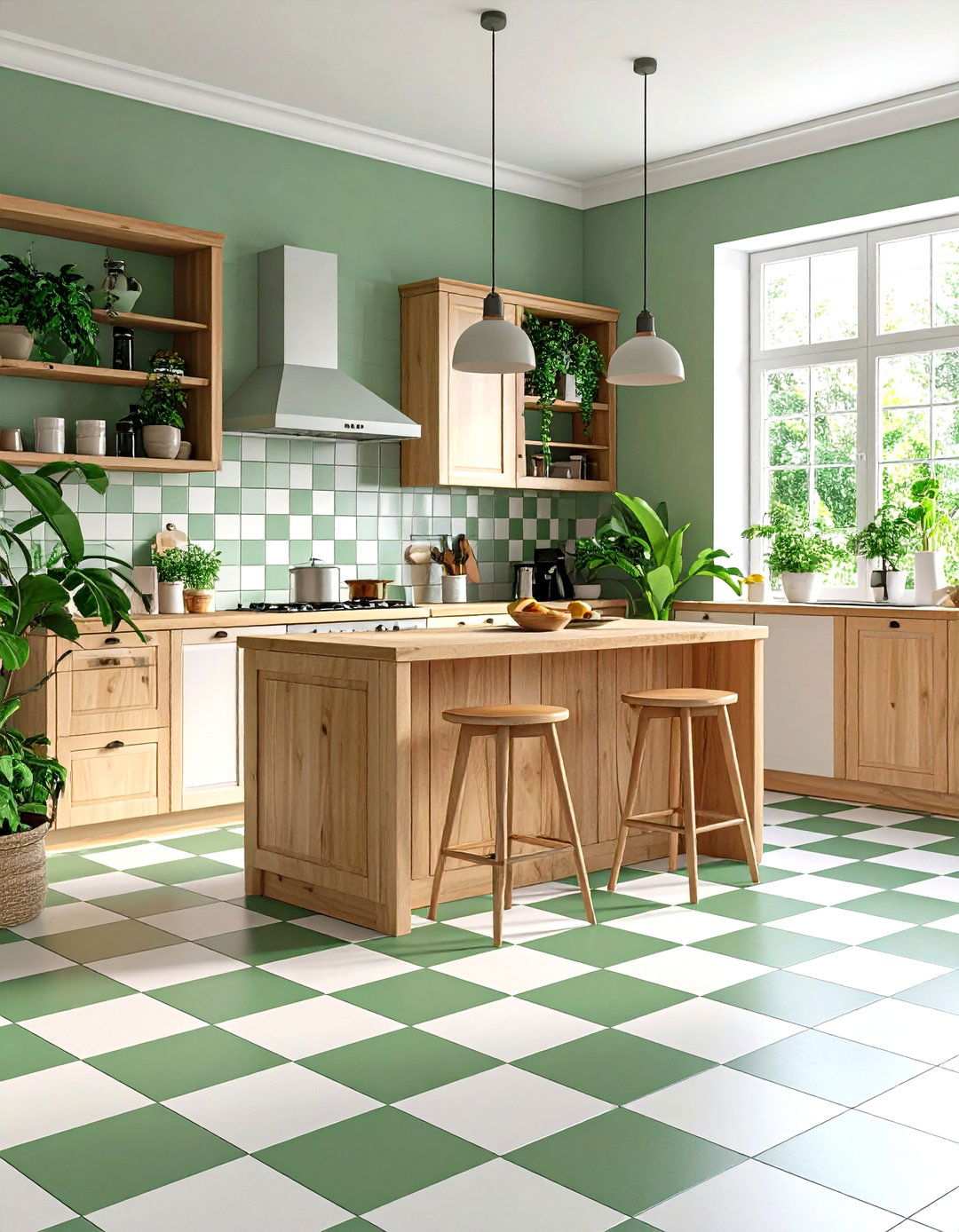 Green and White Checkered Kitchen - 24 Kitchens With Checkered Floors
