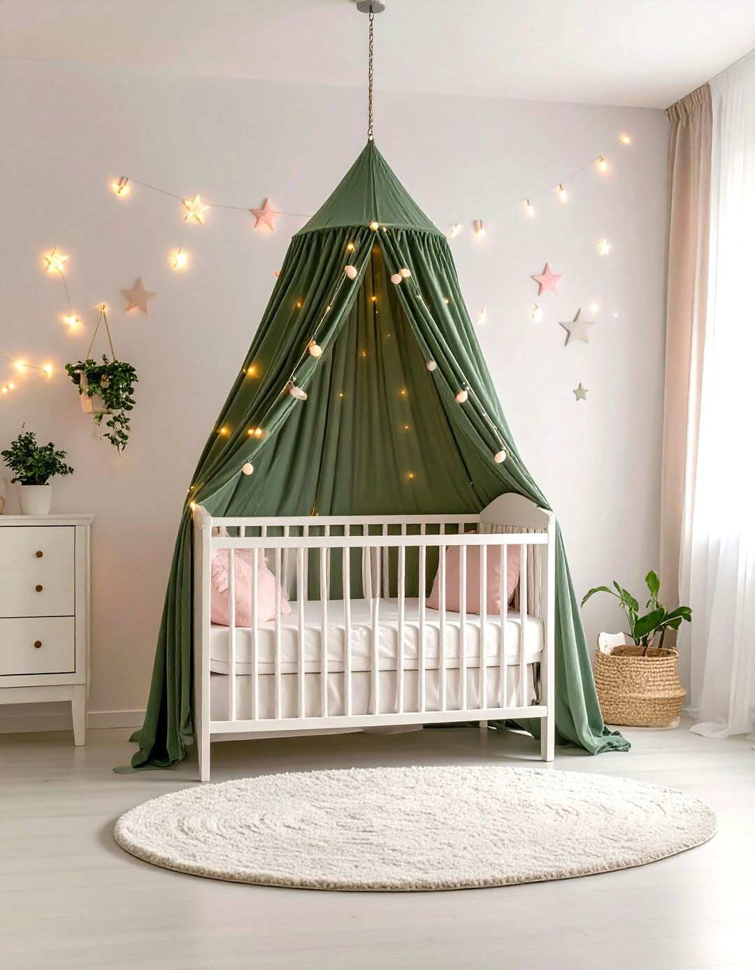 Green Canopy with Pink Fairy Lights - 24 Pink and Green Nursery Ideas