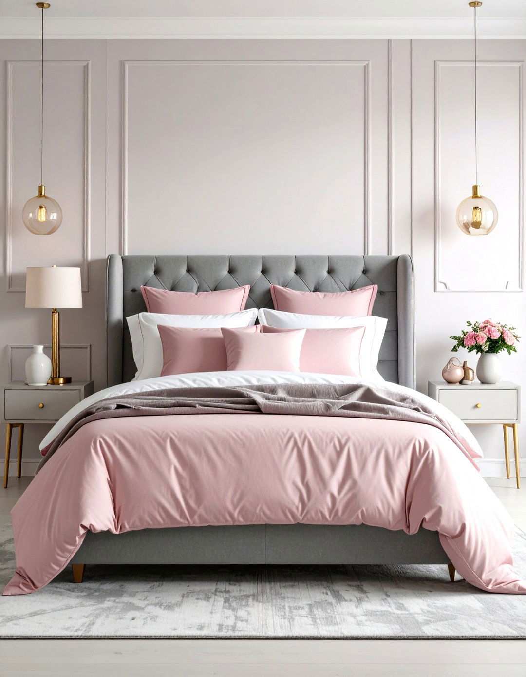 Grey Upholstered Headboard with Pink Bedding - 24 Pink and Grey Bedroom Ideas
