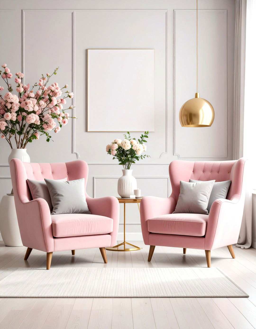 Grey Walls with Rose Pink Furniture Statements - 24 Pink and Grey Living Room Ideas