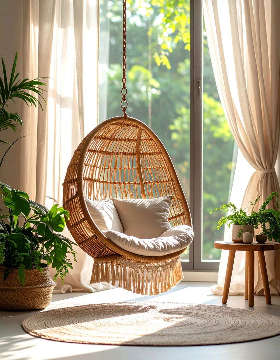 Hanging Chair Reading Nook Living Room - 24 Neutral Boho Living Room Ideas