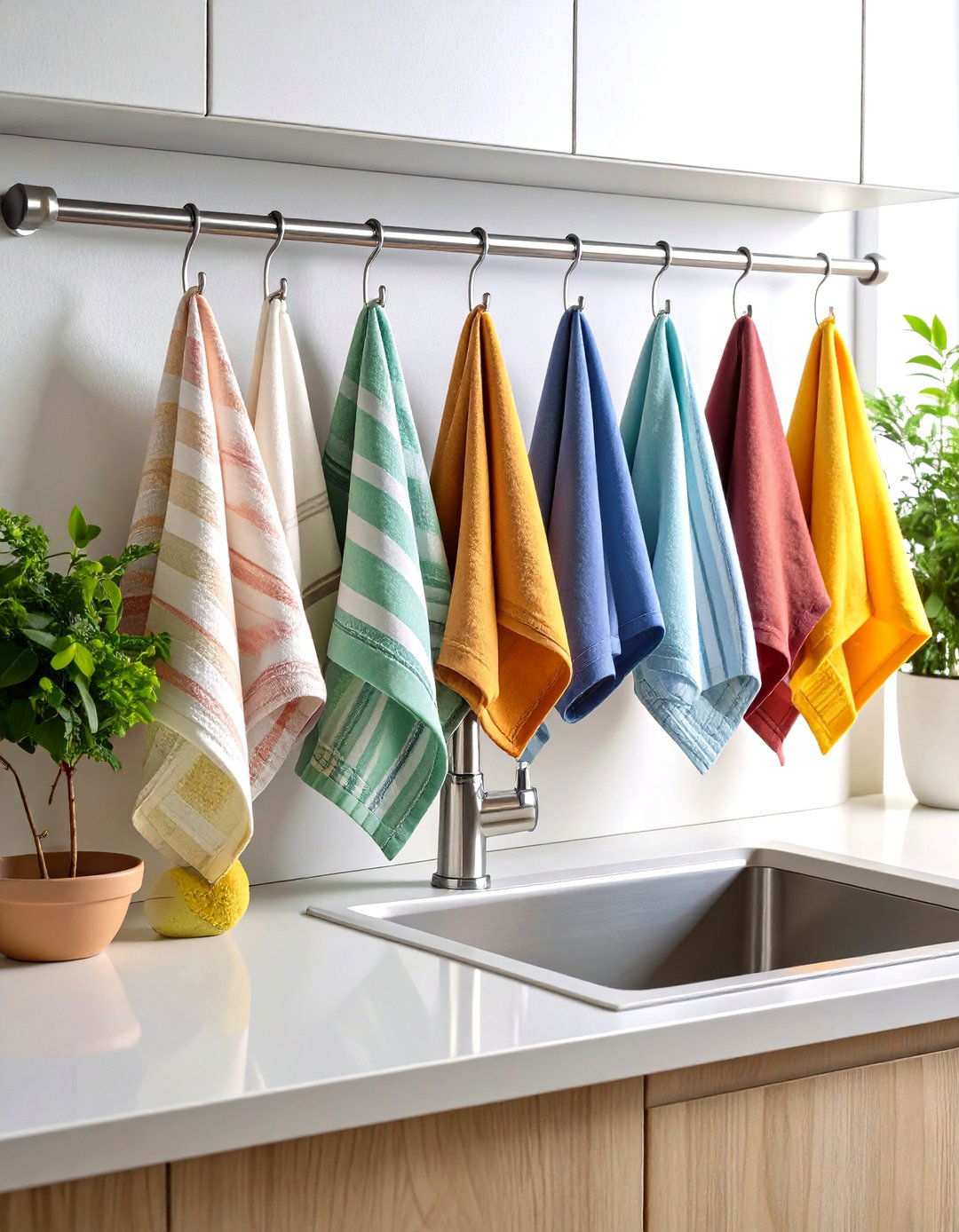 Hanging Dish Towel Organization - 24 Kitchen Sink Organization Ideas