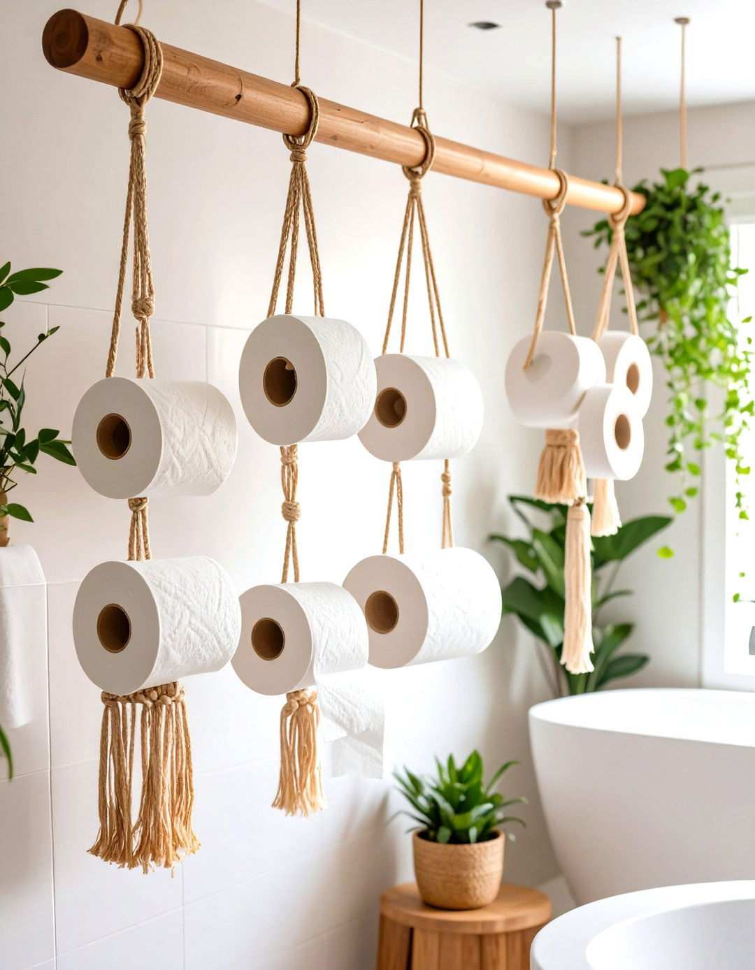 Hanging Macrame Storage Holders with Natural Rope - 24 Toilet Paper Storage Ideas
